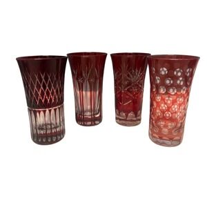 TOZAI Red Cut Crystal Tumbler Glasses Set of 4 Hand Crafted